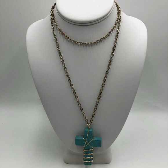 Vintage Turquoise Long Cross Pendant Necklace Handmade Religious Spiritual - Picture 1 of 9